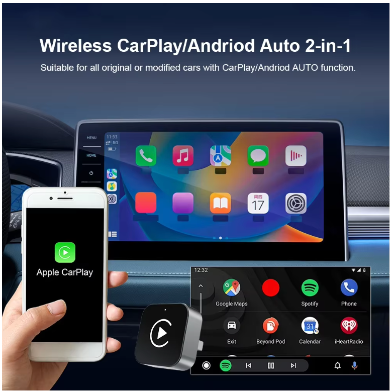2 IN 1 Wireless Carplay Android Auto Adapter Wired to Wireless carplay Adapter for iPhone Wireless Control Plug & Play Carplay